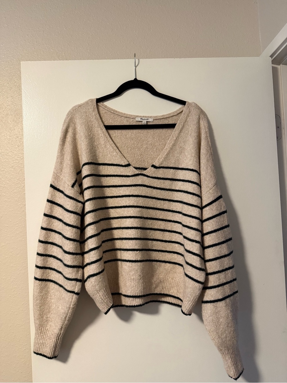 Madewell Cream V-Neck Sweater with Black Stripes
